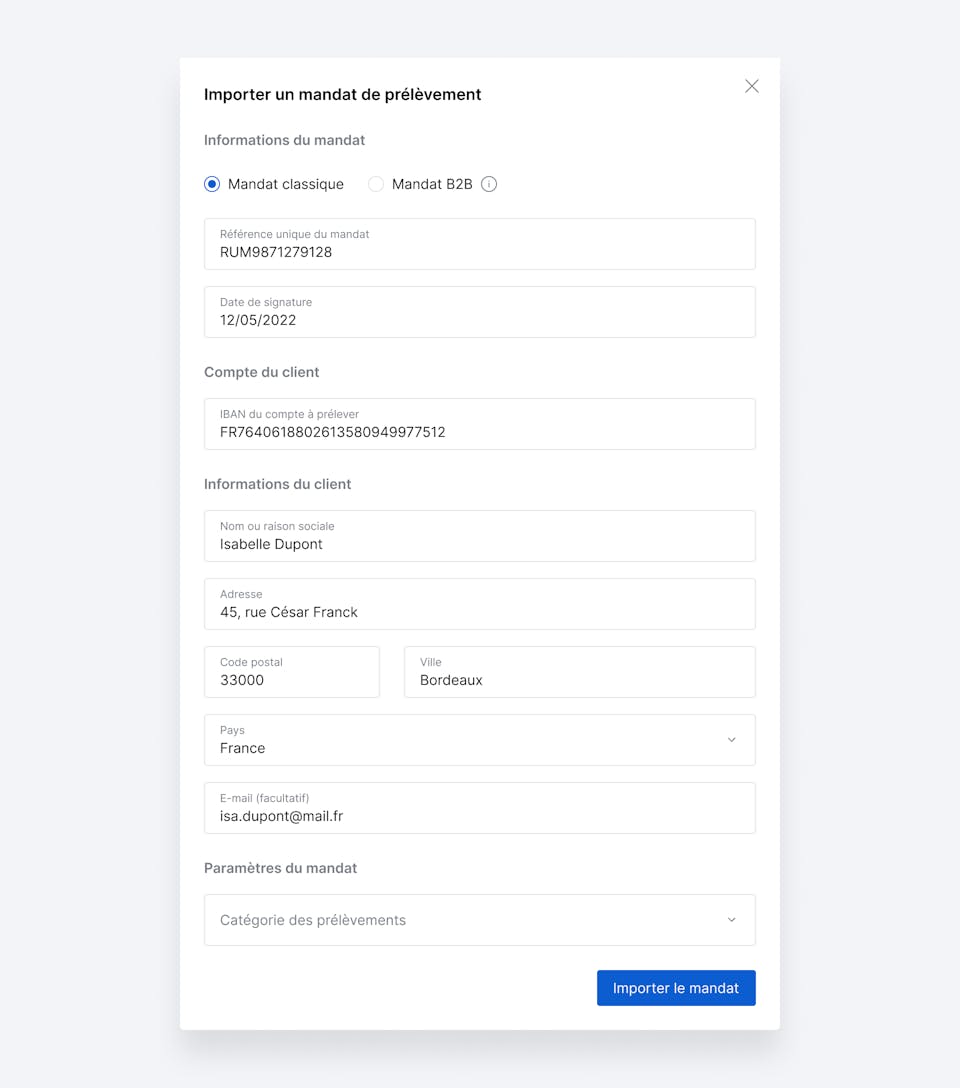 Interface d’importation des mandats de prélèvement SEPA.
